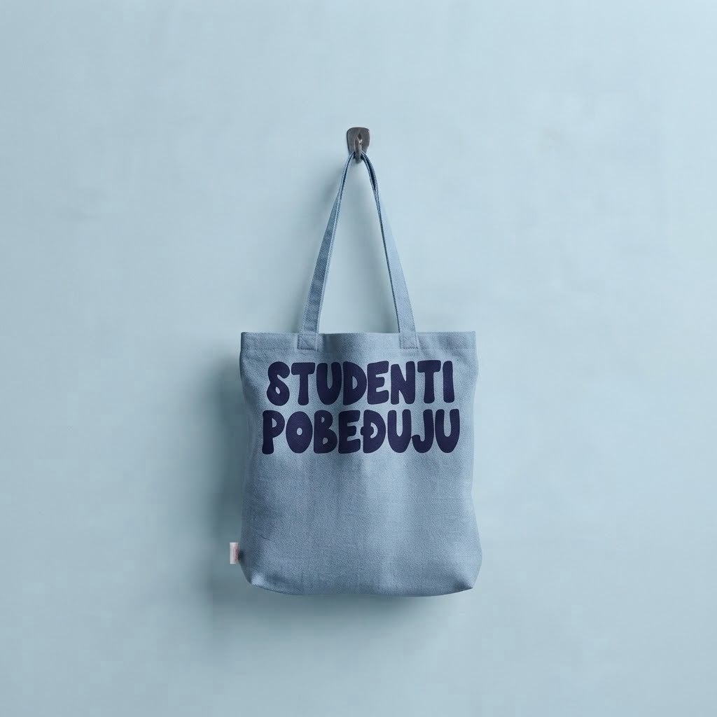 Plavi platneni ceger sa natpisom Studenti pobeđuju